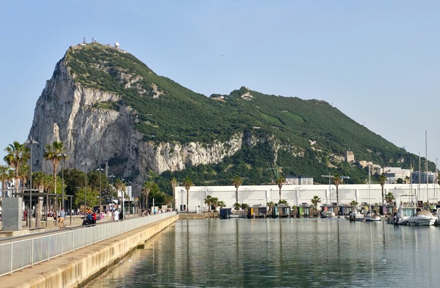 View of the Rock of Gibraltar with the port of La Línea in the foreground